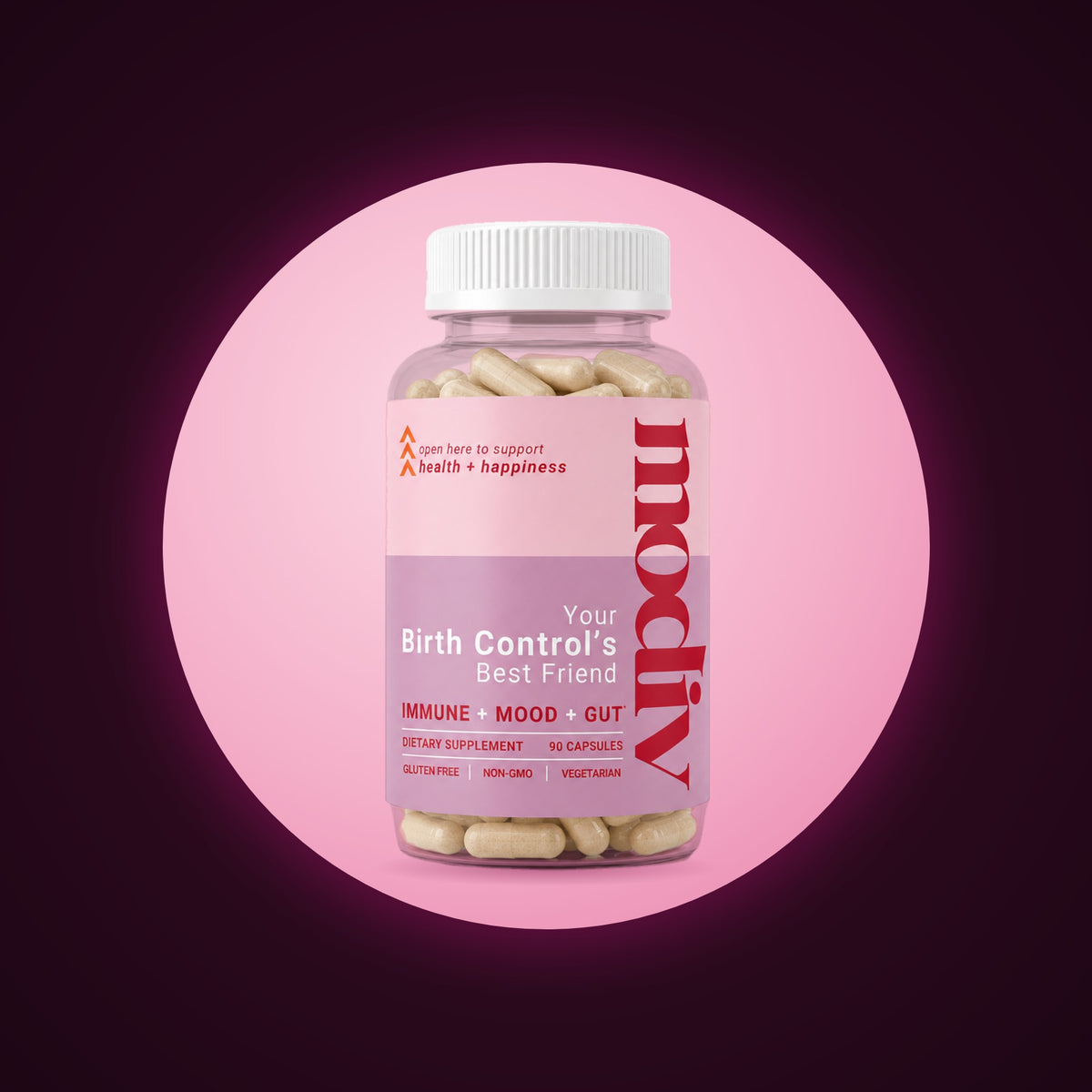 Modiv Your Birth Control's Best Friend — 90 capsule bottle on a pink circle