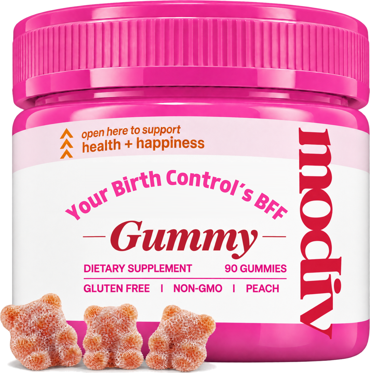 Modiv Your Birth Control's BFF Gummy jar with peach gummy bears